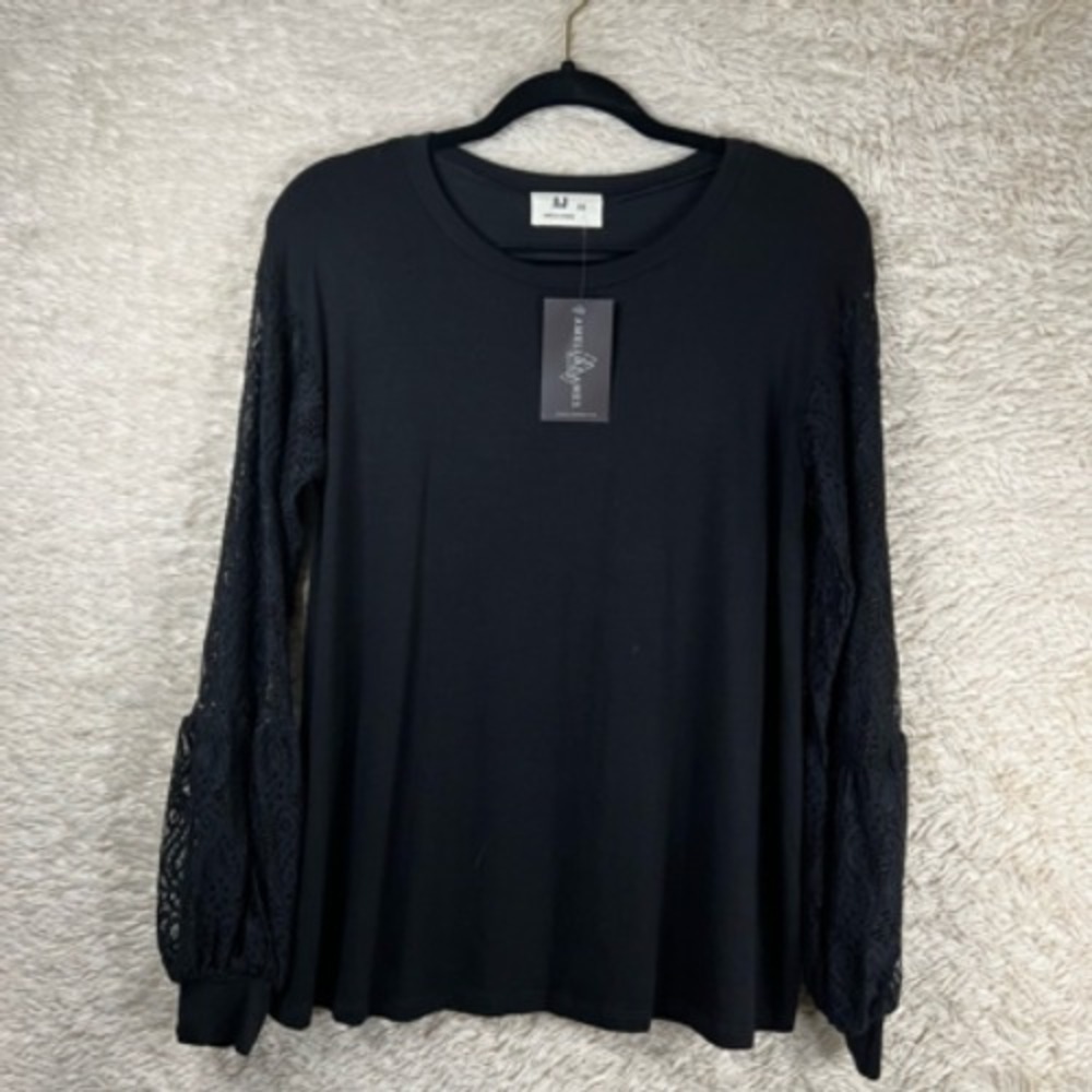 Amelia James Womens Blouse Black Long Sleeve Crew Neck Stretch Lace XS New